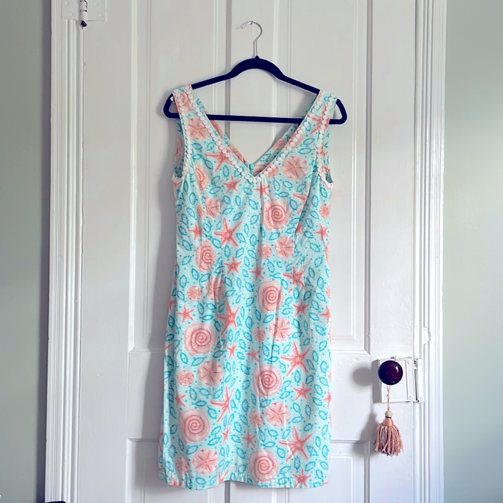 VINTAGE LILY PULITZER teal and coral dress with starfish/shell pattern, size 8